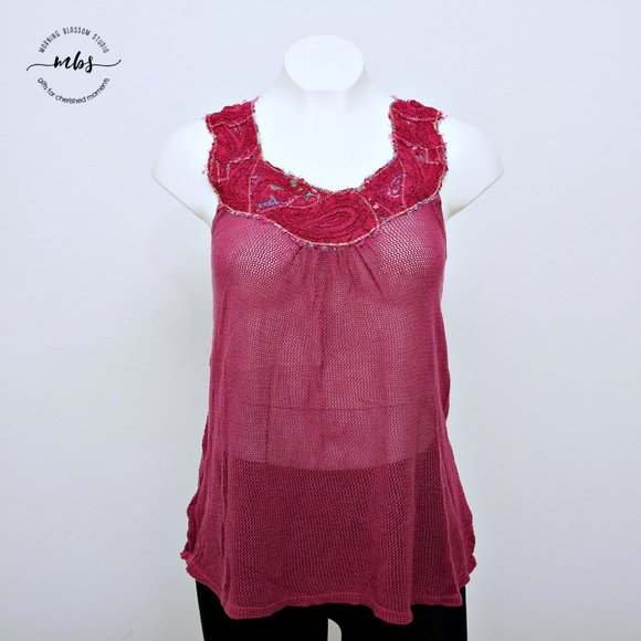 Free People Vintage Floral Laced Trim Sheer Mesh Sleeveless Round Neck Top - Picture 6 of 16